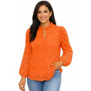 Women's Long Short Sleeve Casual Button Hollow Out Lace Embroidered Blouse